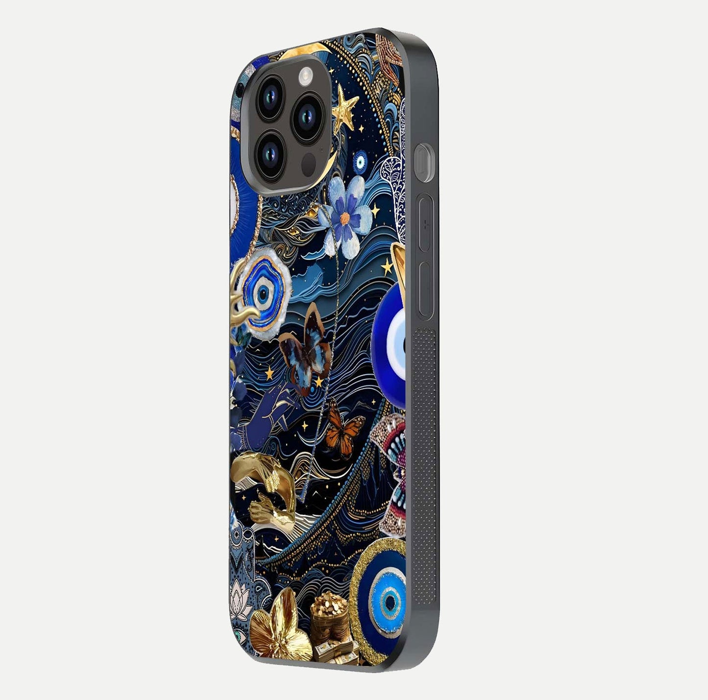 Golden Moon Magic Glass Case for iPhone 14 Pro Max side-angle image showing reflection glow, curved polish, and moon detail