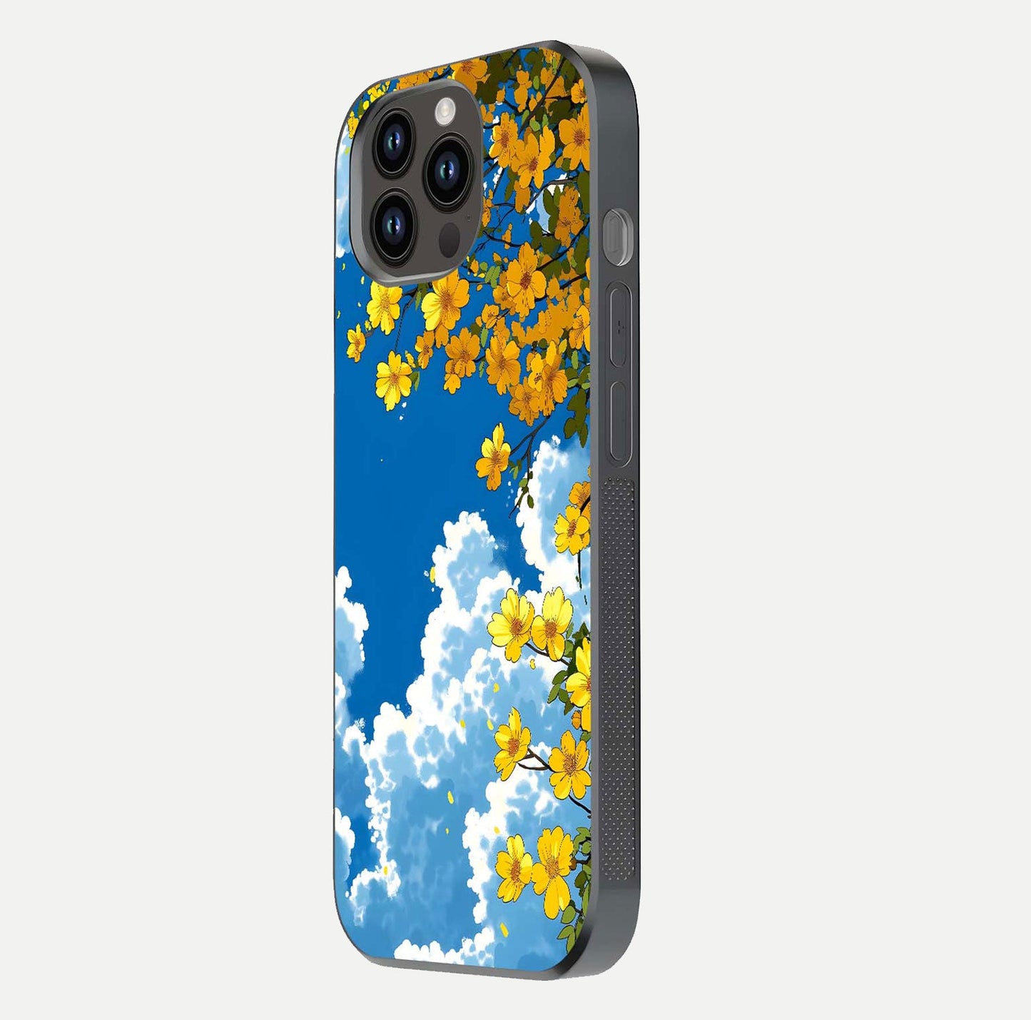 Golden Petal Sky Glass Case for iPhone 14 Pro Max side-angle image showing reflection depth and metallic floral tones