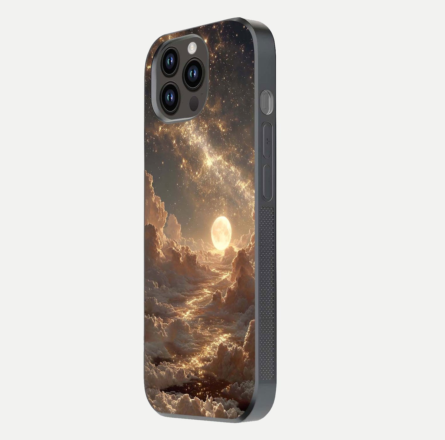 Golden Sky Dream Glass Case for iPhone 14 Pro Max side-angle image showing reflection shine and smooth surface