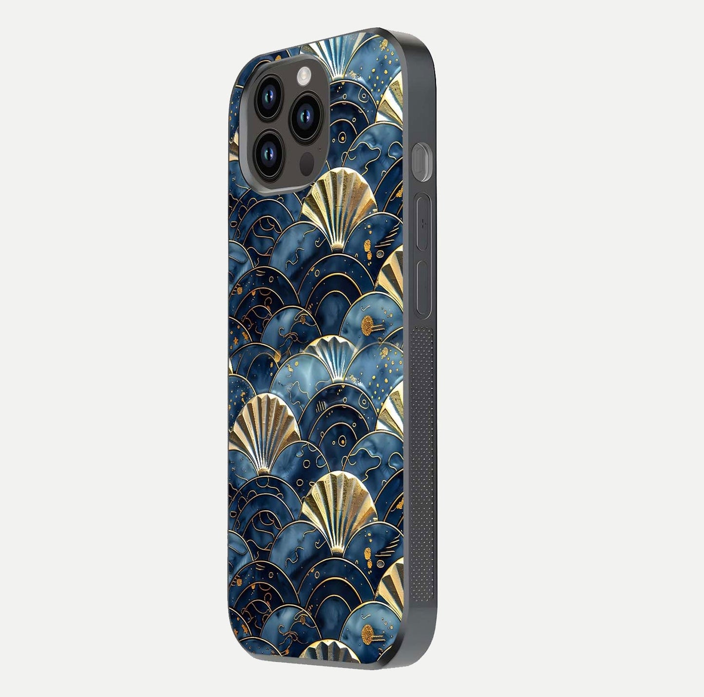 Golden Wave Luxe Glass Case for iPhone 14 Pro Max side-angle image showing reflection clarity and polished finish