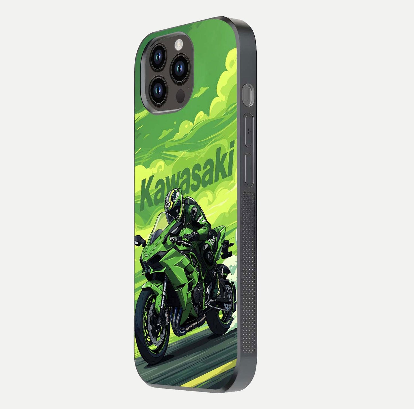 Green Kawasaki Glass Case for iPhone 14 Pro Max side-angle image showing reflection depth and metallic green accent