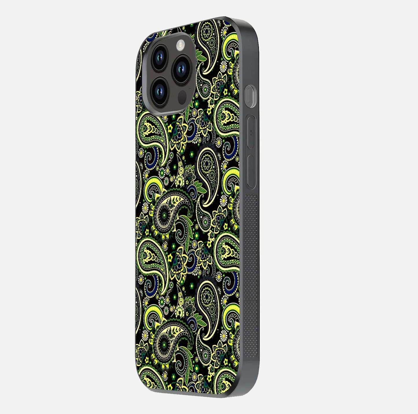 Green Mandala Pattern Glass Case for iPhone 14 Pro Max side-angle image showing reflection clarity and detailed pattern lines