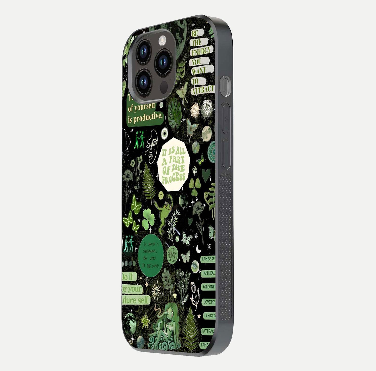 Green Moon Energy Glass Case for iPhone 14 Pro Max side-angle image showing reflection brilliance and curved finish