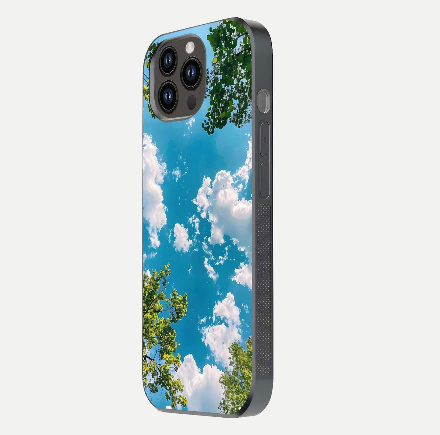 Greenery Sky Glass Case for iPhone 14 Pro Max side-angle image showing reflection glow and nature-themed pattern
