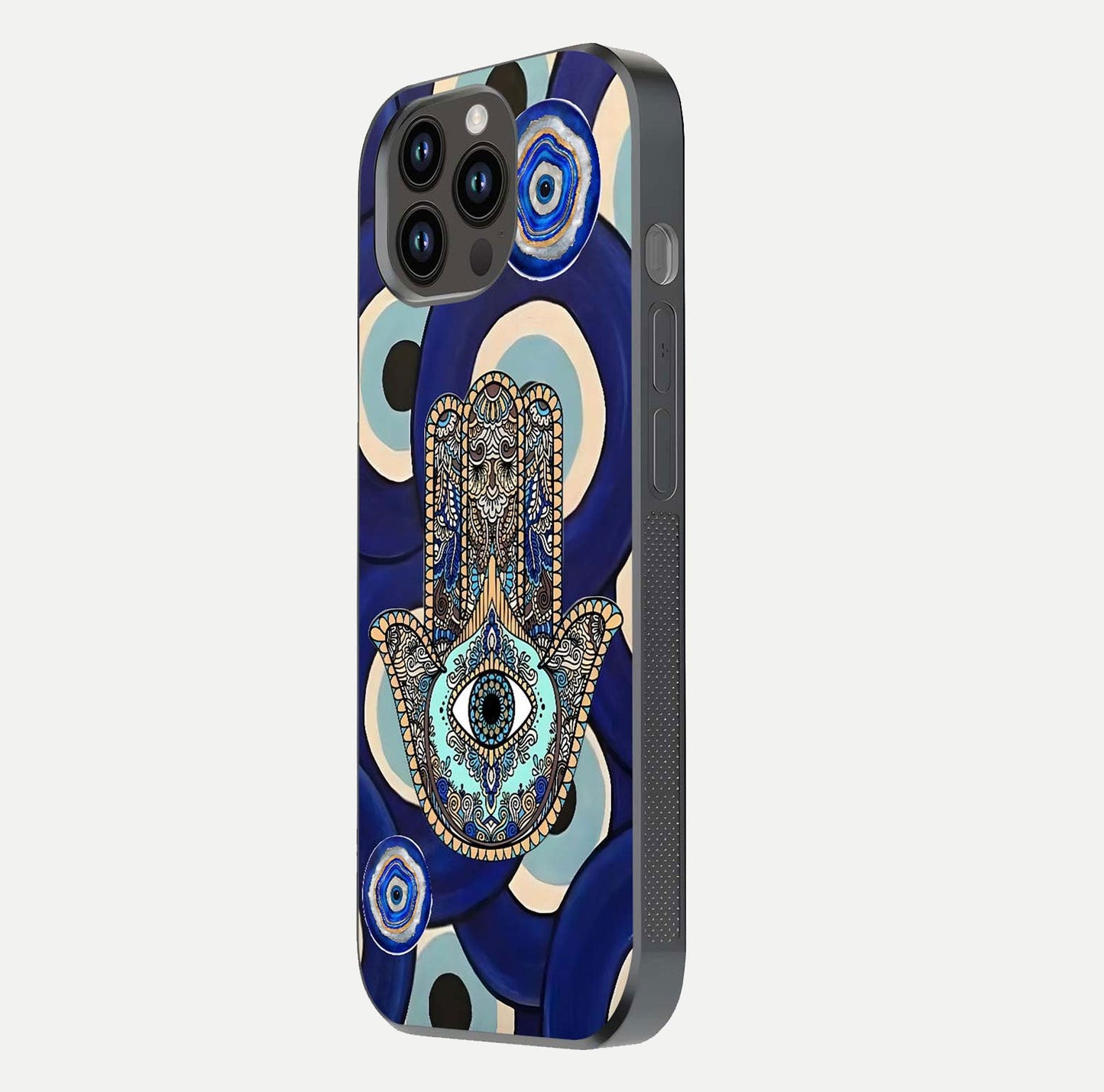 Hamsa Divine Guard Glass Case for iPhone 14 Pro Max side-angle image showing reflection brilliance and protective design