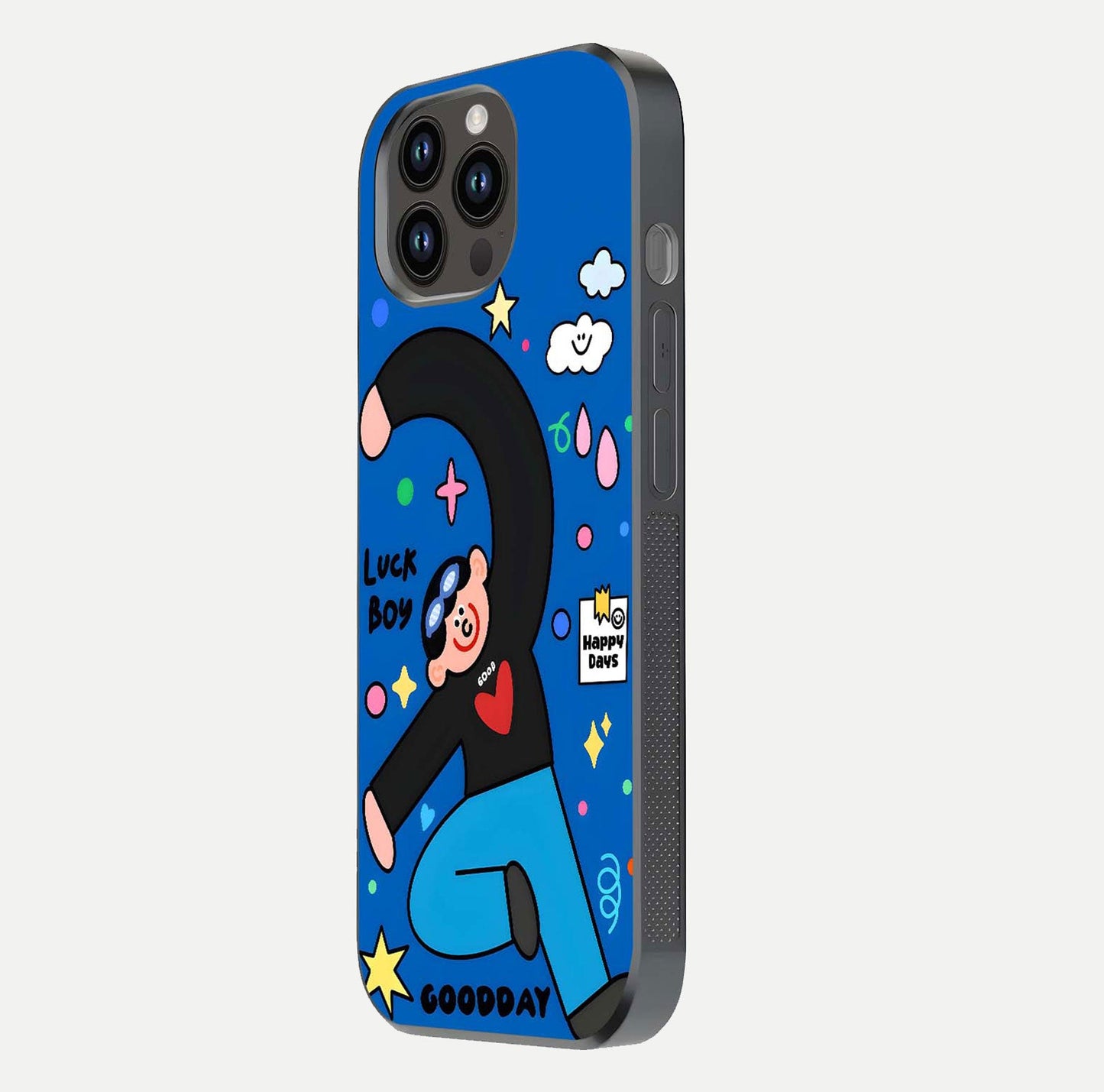 Happy Luck Vibe Glass Case for iPhone 14 Pro Max side-angle image showing reflection polish and vivid charm design