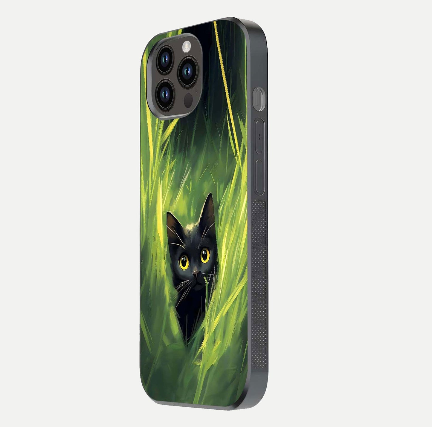 Hidden Cat Whisper Glass Case for iPhone 14 Pro Max side-angle image showing reflection glow and subtle artistic texture