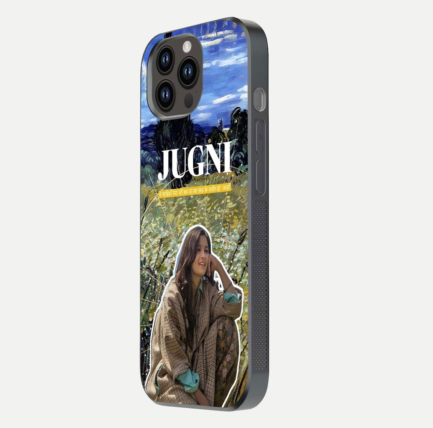 Jugni Soul Vibes Glass Case for iPhone 14 Pro Max side-angle image with stylish typography and HD finish