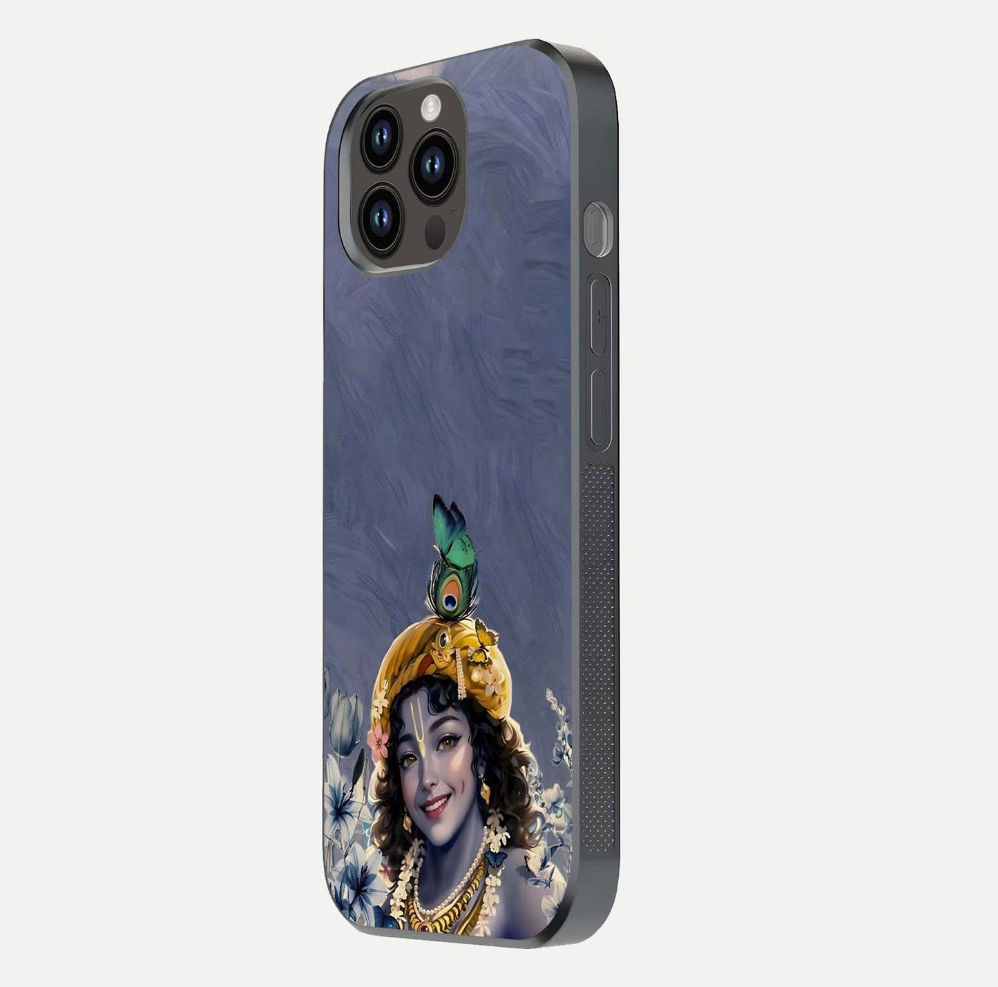 Lord Krishna Glass Case for iPhone 14 Pro Max side-angle image emphasizing premium reflection and sacred motif