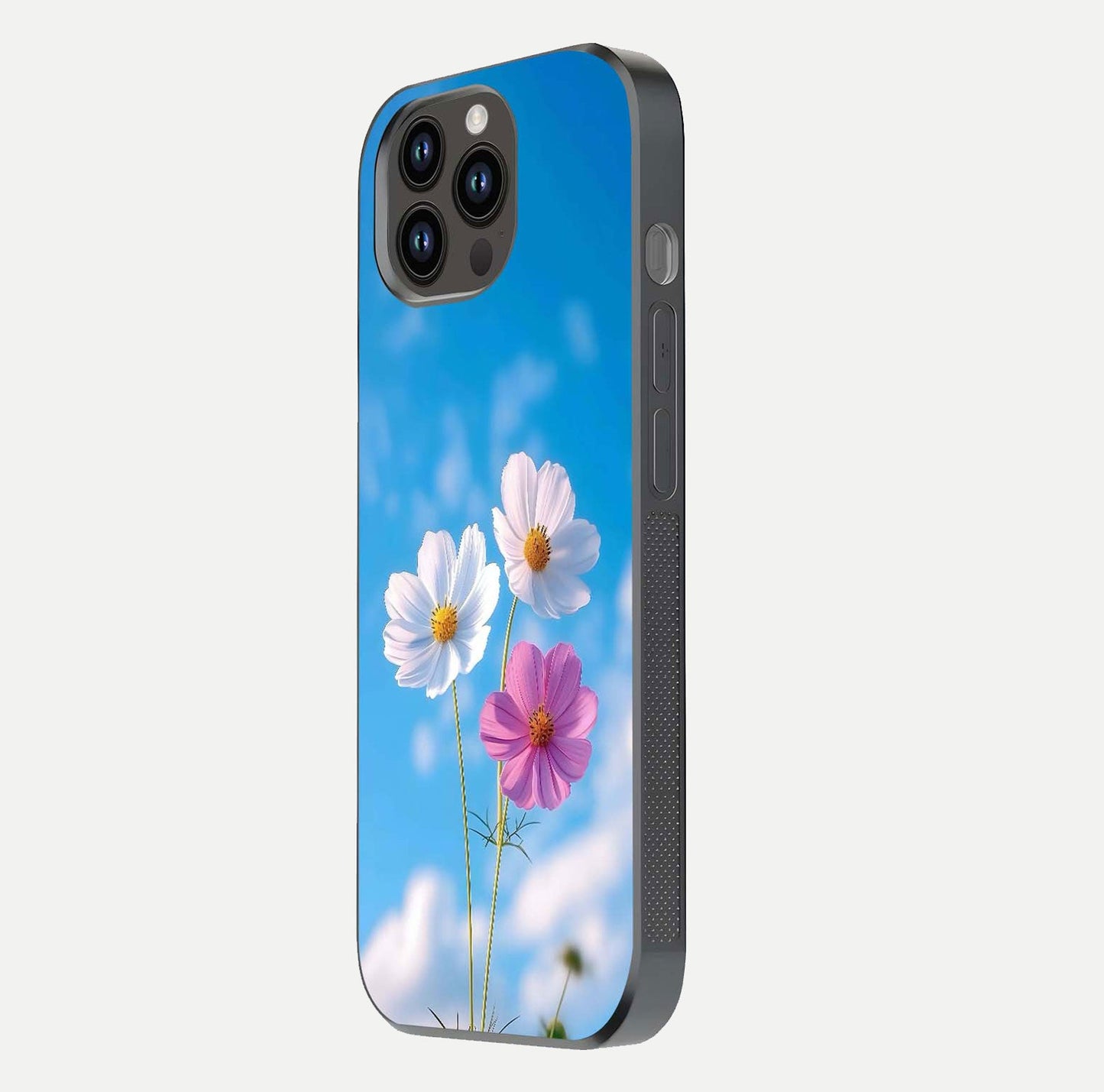 Triple Flowers With Sky Glass Case for iPhone 16 Pro side-angle image showing gloss, texture, and floral design