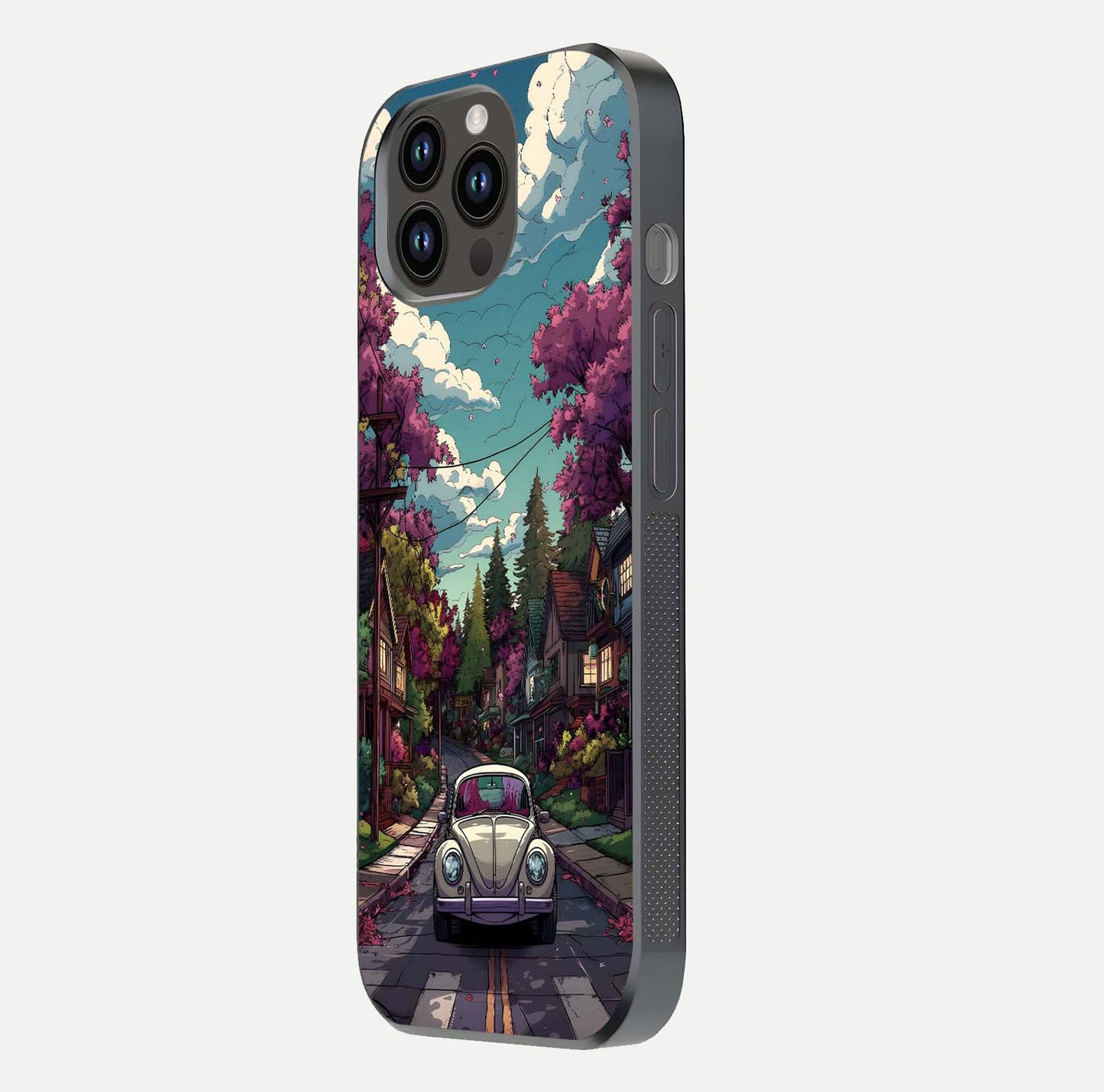 Vintage Street Drive Glass Case for iPhone 16 Pro side-angle image showing gloss reflection and design detail