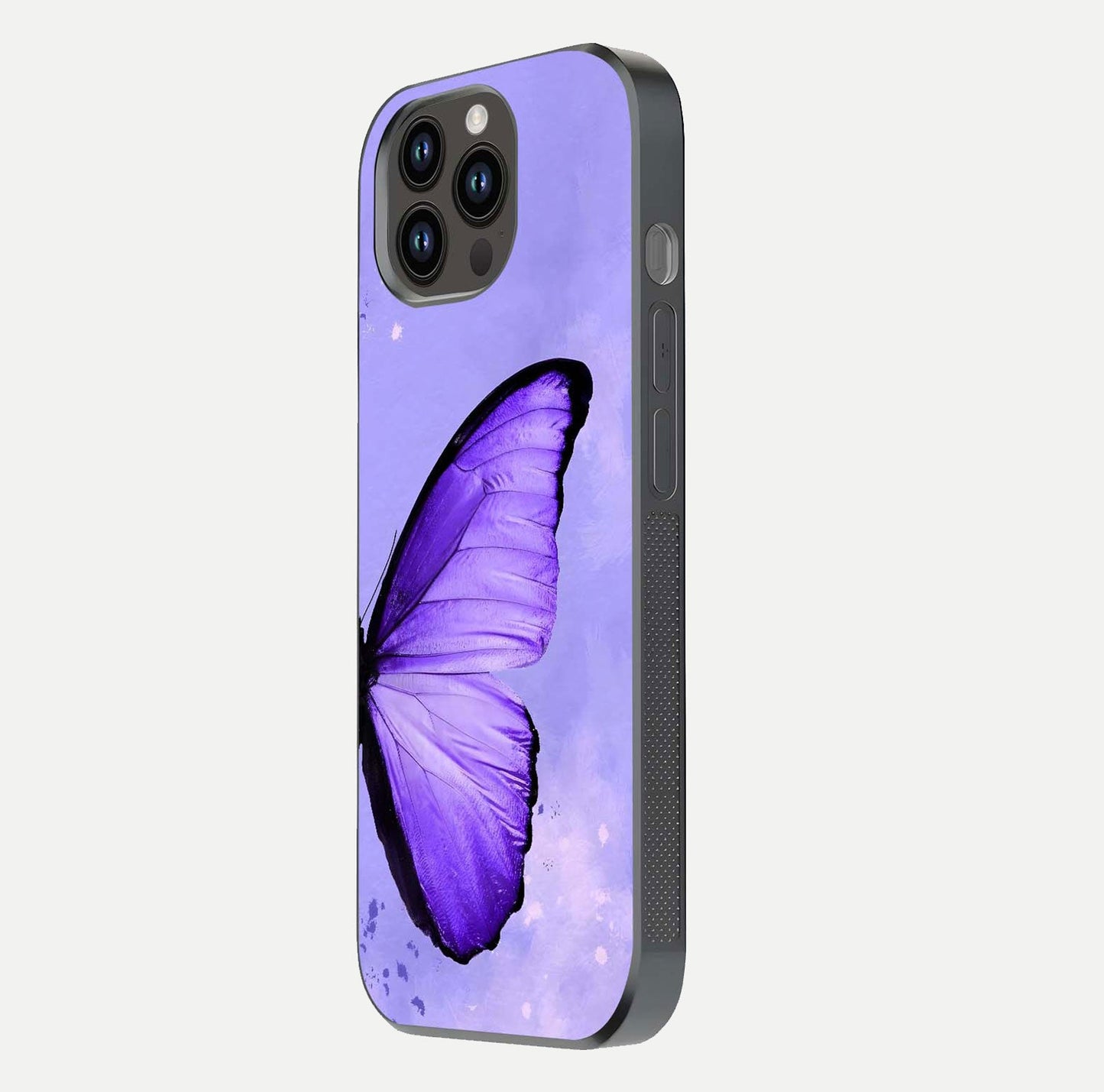 Violet Dream Wing Glass Case for iPhone 16 Pro side-angle image showing gloss, shine, and violet gradient
