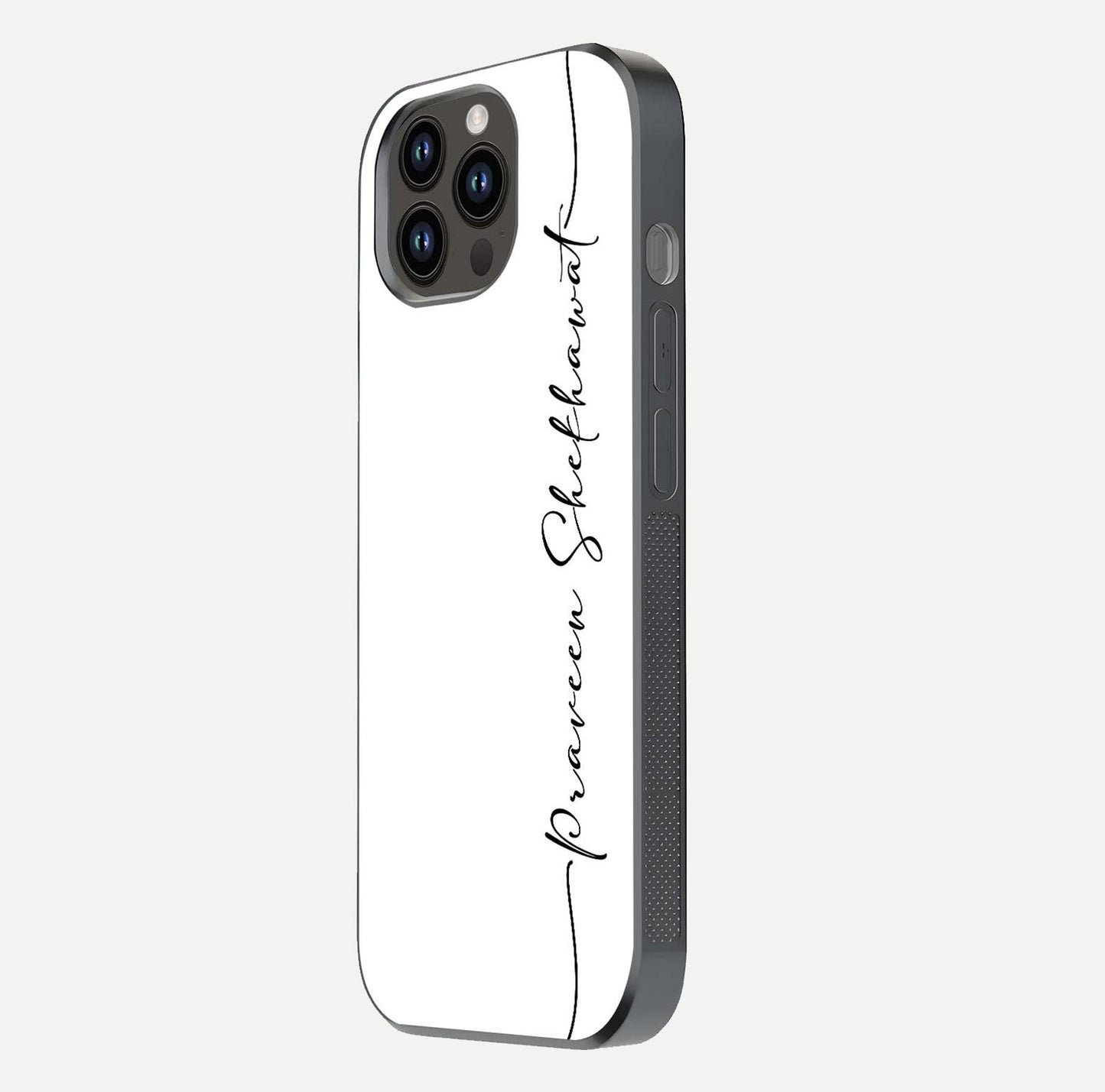 White Tune Custom Name Glass Case for iPhone 14 Pro Max side-angle image showing shine, gloss, and minimal tone