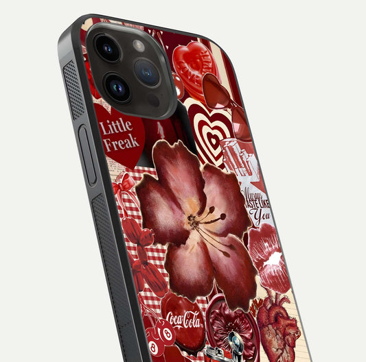 Aesthetic Little Freak Glass Case for iPhone 14 Pro Max close-up angled shot showing detailed artwork, bold design, and gloss reflection