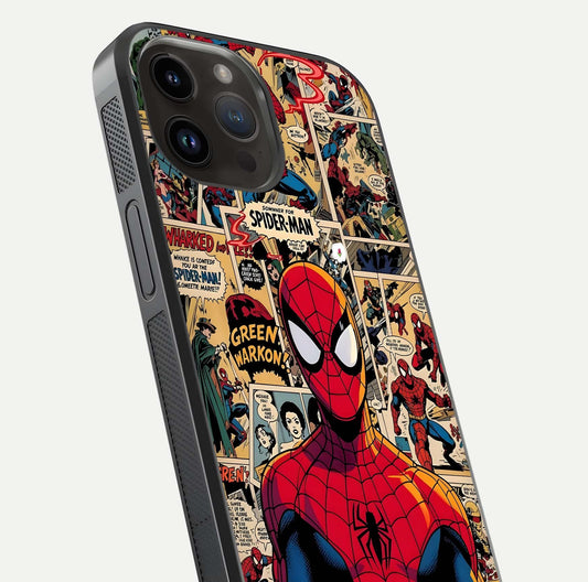 Aesthetic Spider Man Glass Case for iPhone 14 Pro Max close-up angled shot showing detailed Spider-Man artwork and gloss reflection