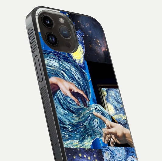 Aesthetic Vando Hands Glass Case for iPhone 14 Pro Max close-up angle showing fine detailing of hand artwork and glass reflection