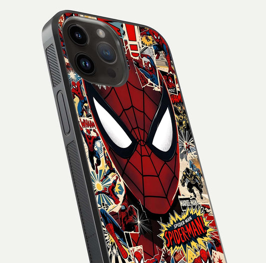 Aesthetic Wonder Spider Glass Case for iPhone 14 Pro Max angled close-up highlighting spider web detail and vibrant color gloss