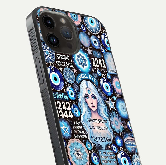 Angel Aura Shield Glass Case for iPhone 14 Pro Max close-up view capturing aura glow, metallic tones, and shine texture