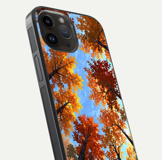 Autumn Sky Rise Glass Case for iPhone 14 Pro Max close-up shot of autumn tone details and HD shine reflection