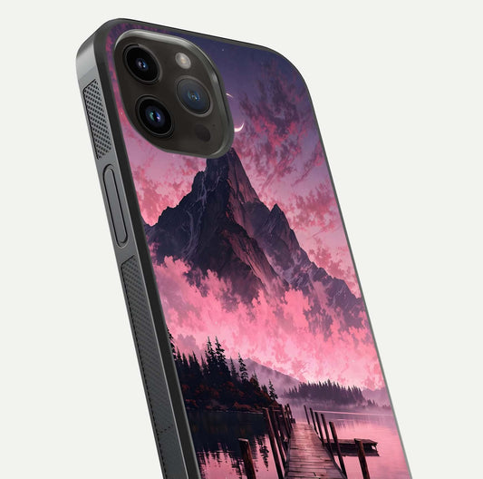 Beautyful Mountain View Glass Case for iPhone 14 Pro Max close-up angle highlighting landscape details and shine