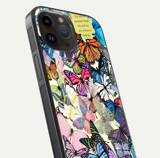 Butterflies Petal Dream Glass Case for iPhone 14 Pro Max close-up highlighting butterfly wings and pink petal gloss