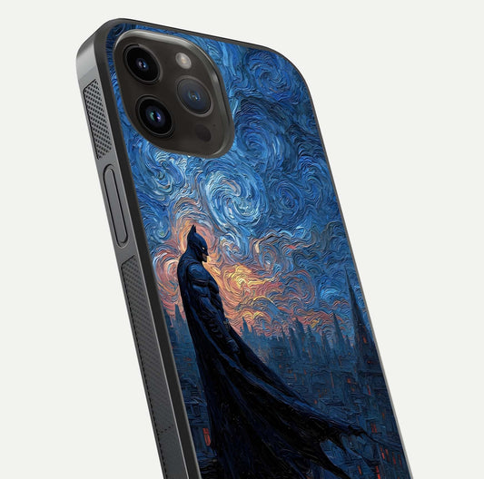 Dark Knight Dusk Glass Case for iPhone 14 Pro Max close-up highlighting dark suit texture and reflection detail