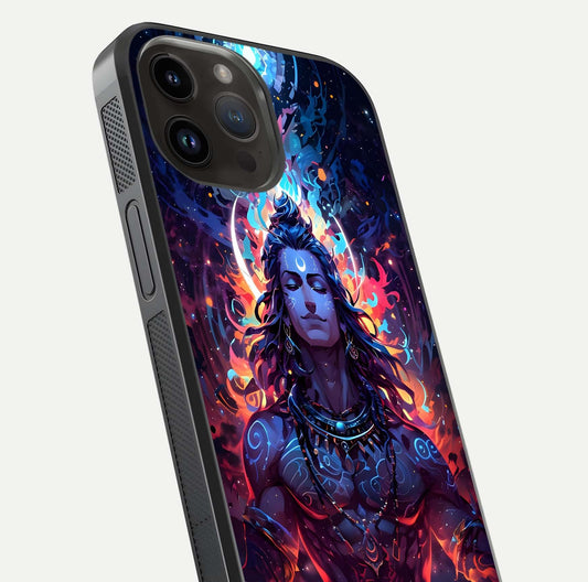 Divine Fire Shiv Glass Case for iPhone 14 Pro Max close-up highlighting divine detailing and reflection depth