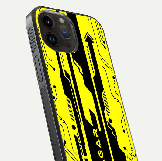 Electric Pulse CYBERPUNK Custom Name Glass Case for iPhone 14 Pro Max close-up highlighting tech pattern, lighting effect, and reflection shine