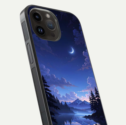 Midnight Lake Peace Glass Case for iPhone 14 Pro Max close-up angled shot showing blue night tones and reflection