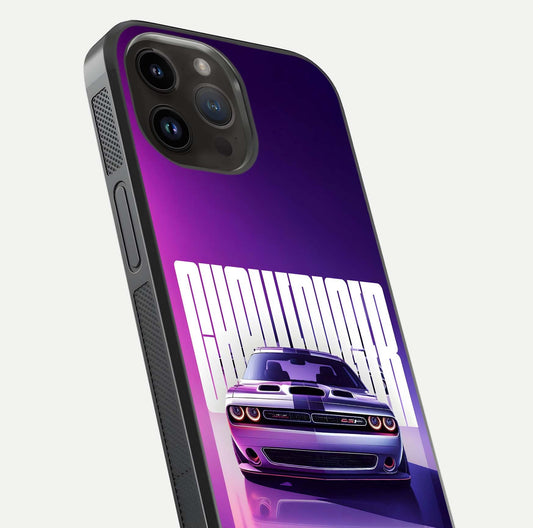 Midnight Muscle Ride Glass Case for iPhone 14 Pro Max close-up angled shot showing HD reflections and car details