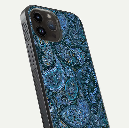 Midnight Paisley Glow Glass Case for iPhone 14 Pro Max close-up angled shot showing floral details and gloss texture