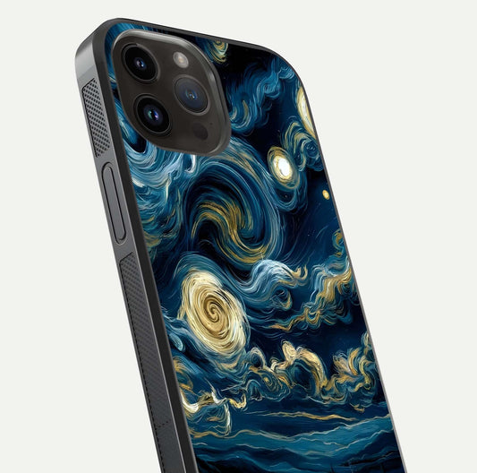 Midnight Sky Whirl Glass Case for iPhone 14 Pro Max close-up angle showing spiral design and HD gloss reflection