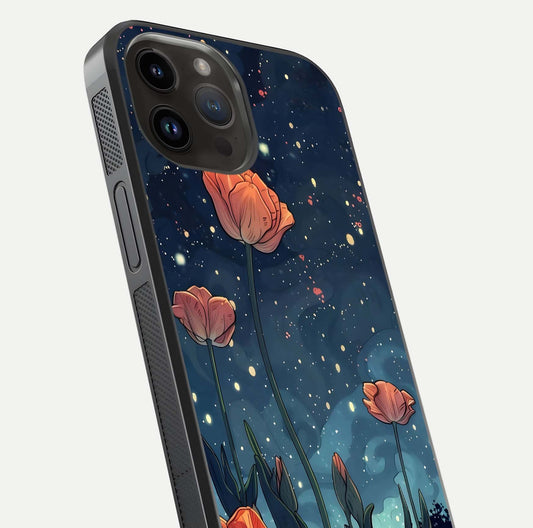 Midnight Tulip Glow Glass Case for iPhone 14 Pro Max close-up angled shot showing petal details and reflection glow