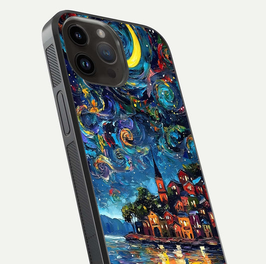 Moonlight Harbor Glow Glass Case for iPhone 14 Pro Max close-up angled shot showing reflection and moonlight glow
