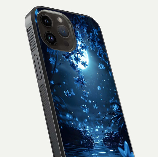 Moonlight Petal Dream Glass Case for iPhone 14 Pro Max close-up angled shot showing petal reflection and glow texture