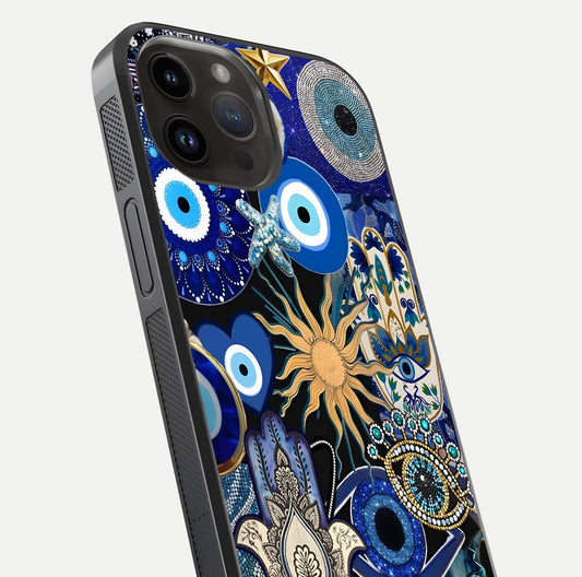 Mystic Blue Evil Eye Glass Case for iPhone 14 Pro Max close-up angled shot highlighting mystical glow and HD reflection