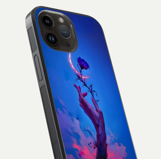 Mystic Hand Glass Case for iPhone 14 Pro Max close-up angled shot showing spiritual markings and reflection