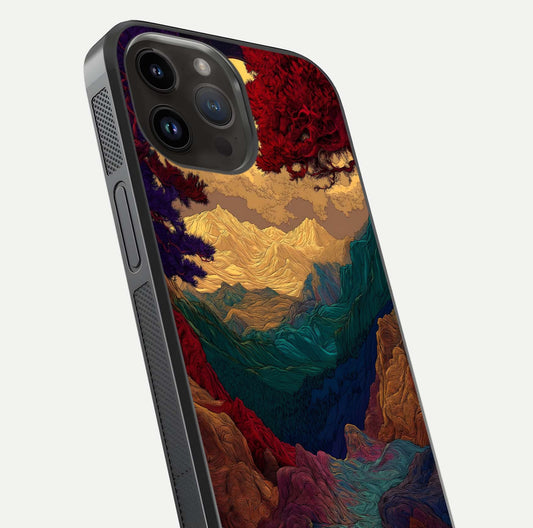 Mystic Valley Light Glass Case for iPhone 14 Pro Max close-up angled shot highlighting gradient sky and reflection