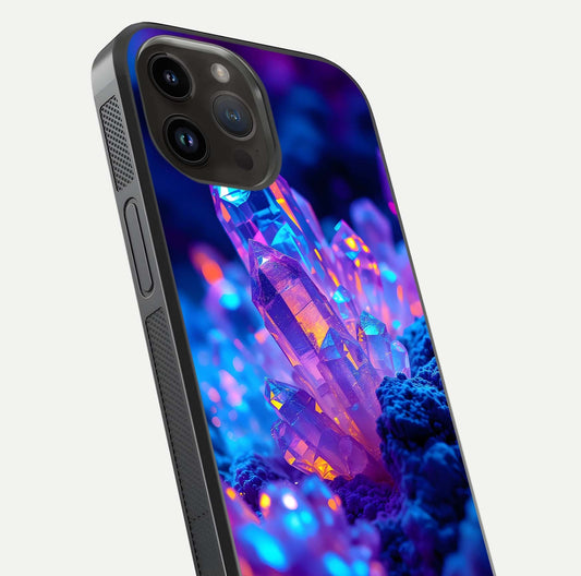 Neon Aura Shards Glass Case for iPhone 14 Pro Max close-up angled shot highlighting fragment pattern and reflection