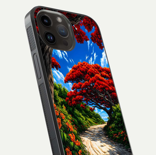 Red Trees Pathway Glass Case for iPhone 14 Pro Max close-up angled shot highlighting forest detail and reflection