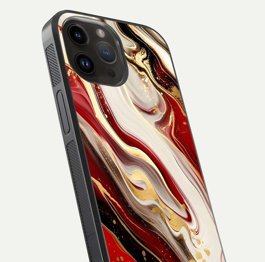 Red & White Marble Glass Case for iPhone 14 Pro Max close-up angled shot highlighting fine marble veins and reflection