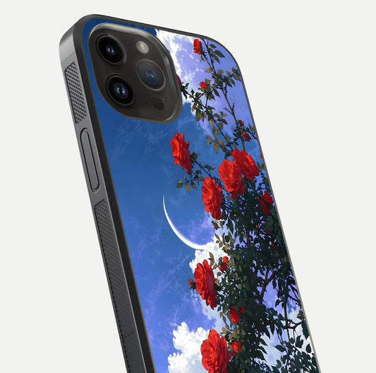Rose Drift Flowers Glass Case for iPhone 14 Pro Max close-up angled shot highlighting floral texture and reflection