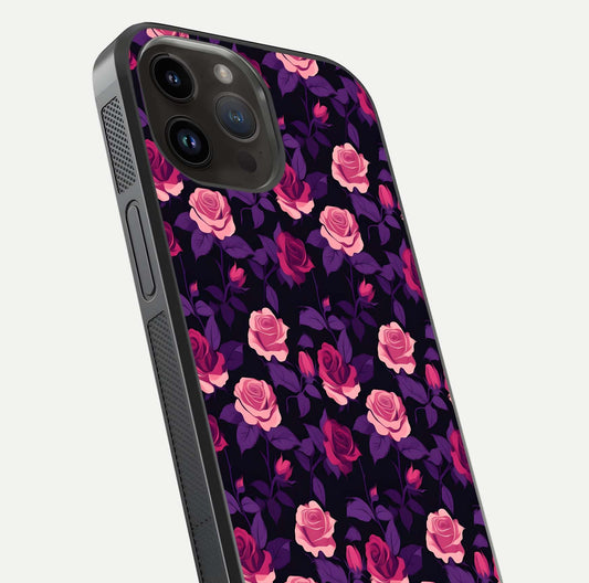 Rose Garden Twilight Glass Case for iPhone 14 Pro Max close-up angled shot highlighting rose contrast and reflection