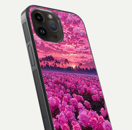 Rose Sunset Valley Glass Case for iPhone 14 Pro Max close-up angled shot showing rose detailing and golden hues
