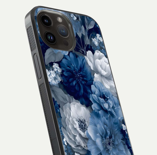 Royal Bloom Garden Glass Case for iPhone 14 Pro Max close-up angled shot highlighting royal bloom texture and reflection