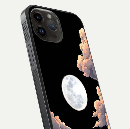 Shade Cloud Moon Glass Case for iPhone 14 Pro Max close-up angled shot highlighting moon reflection and depth