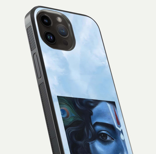 Spiritual Krishna Glass Case for iPhone 14 Pro Max close-up angled shot showing HD print, color tone, and reflection