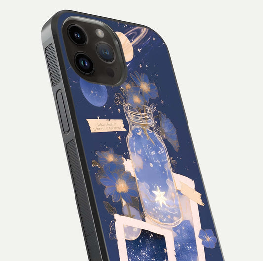 Starlit Cosmic Jar Glass Case for iPhone 14 Pro Max close-up angled shot highlighting stars, reflections, and HD shine