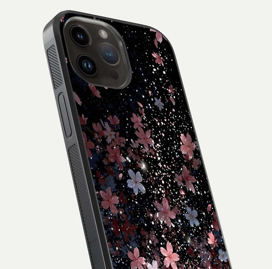 Starlit Flower Dreams Glass Case for iPhone 14 Pro Max close-up angled shot highlighting petal reflection and HD depth