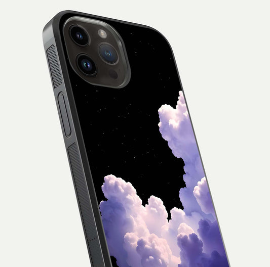 Starlit Night Whispers Glass Case for iPhone 14 Pro Max close-up angled shot highlighting stars and reflection